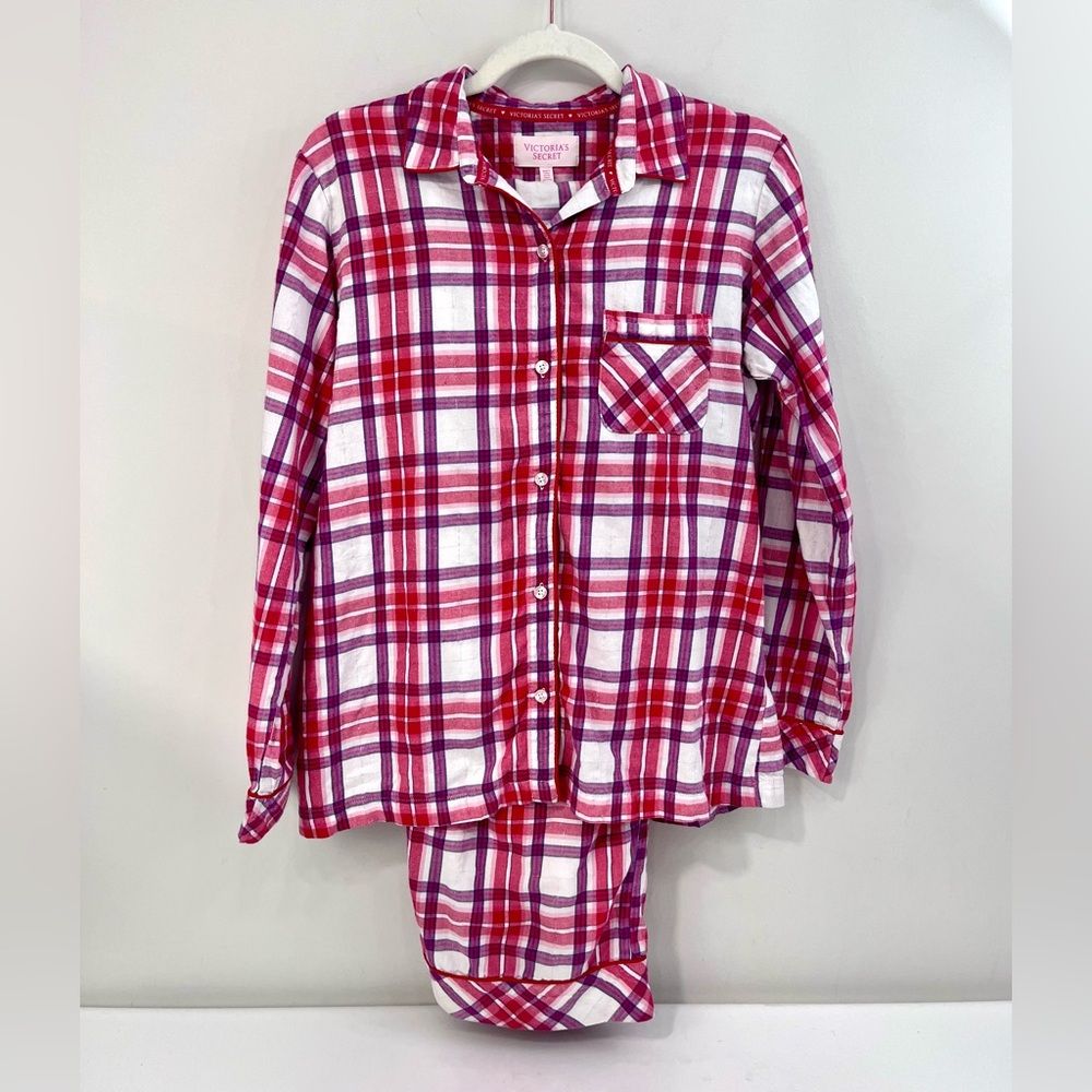 Victoria’s Secret Flannel Pajama Set Red Purple White Plaid Size Small